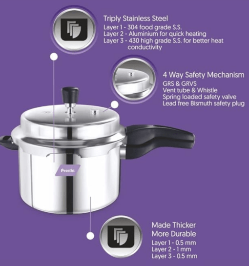 Preethi Triply Outer Lid Pressure Cooker Induction Base, 4.5 Litres - Image 2